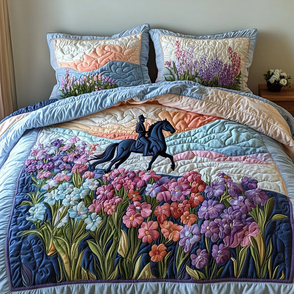 Sunset Saddle quilted 3-piece bedding set on a made bed in a rustic timber bedroom