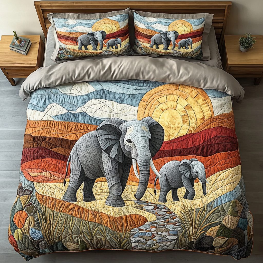 Sunset Safari quilted 3-piece bedding set on a made bed with two matching pillow shams