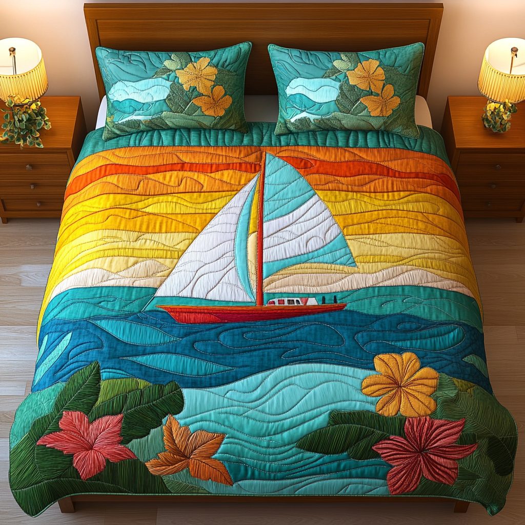 Sunset Sail quilted 3-piece bedding set on a made bed in a light coastal bedroom
