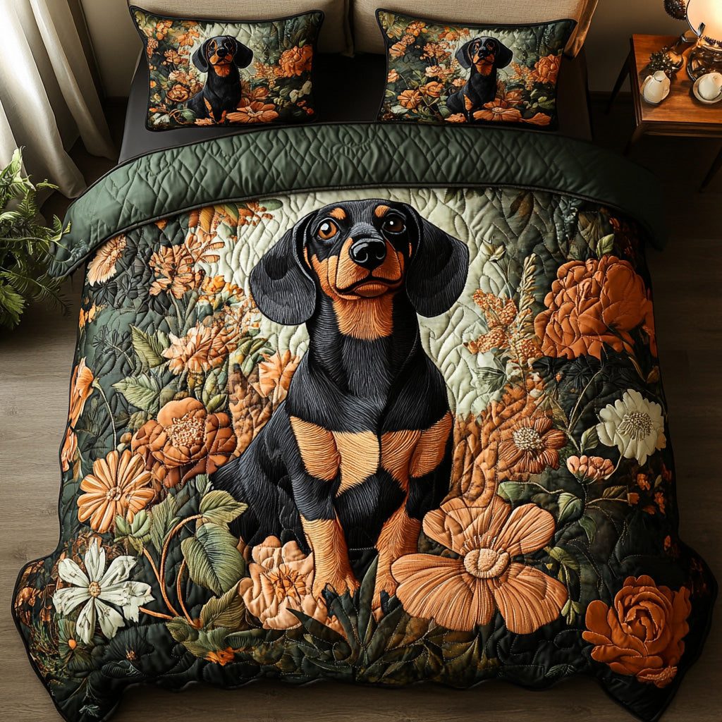 Sunset Sausage quilted 3-piece bedding set on a made bed with two matching pillow shams