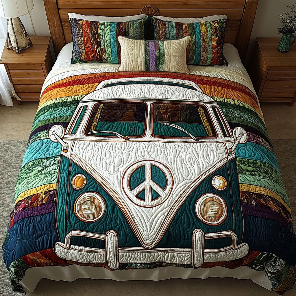 Sunset Scenic Stitches quilted 3-piece bedding set on a made bed with two matching pillow shams