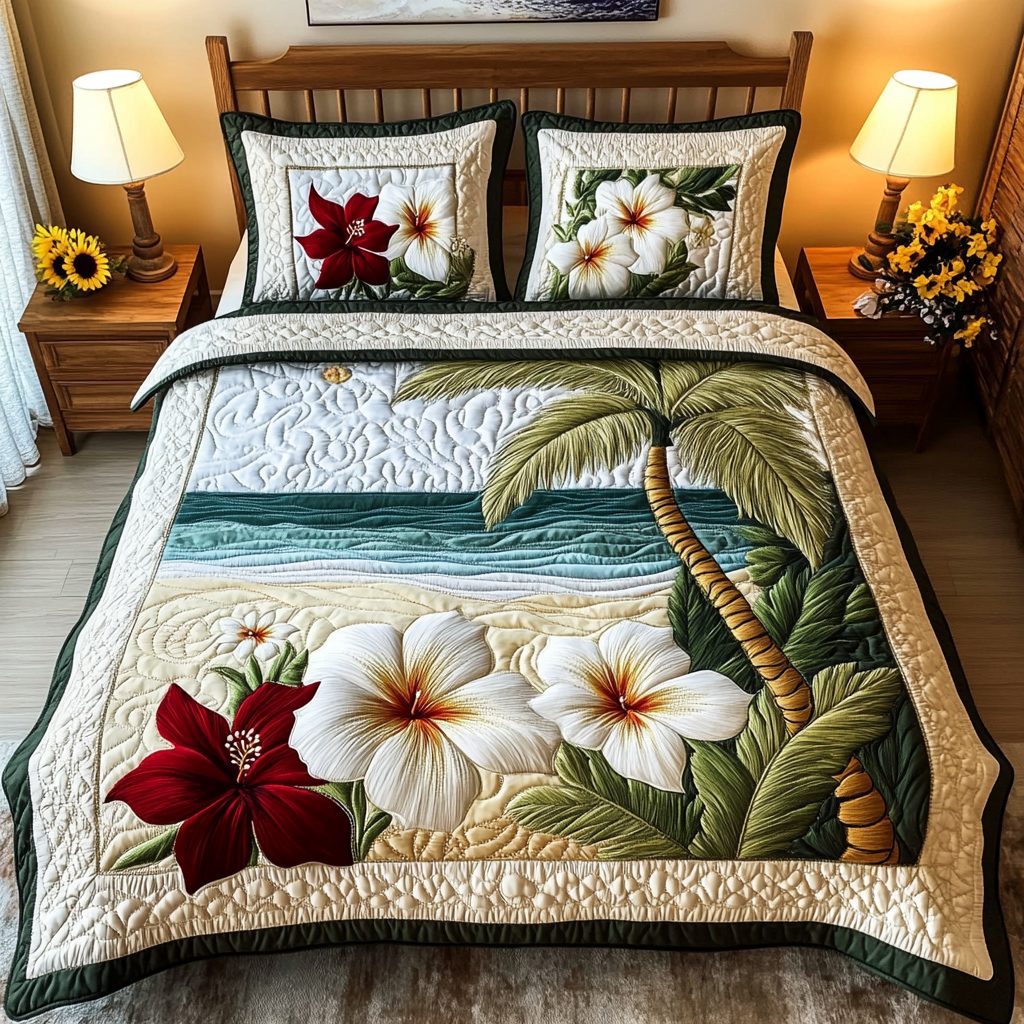 Sunset Serenity quilted 3-piece bedding set on a made bed with two matching pillow shams