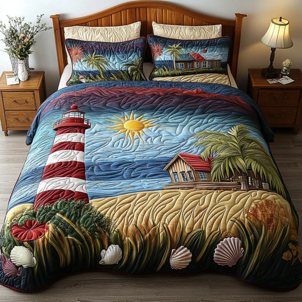 Sunset Shores quilted 3-piece bedding set on a made bed in a light coastal bedroom