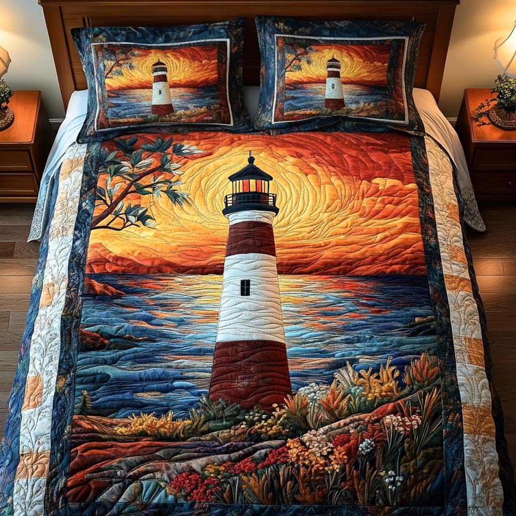 Sunset Shores quilted 3-piece bedding set on a made bed in a light coastal bedroom
