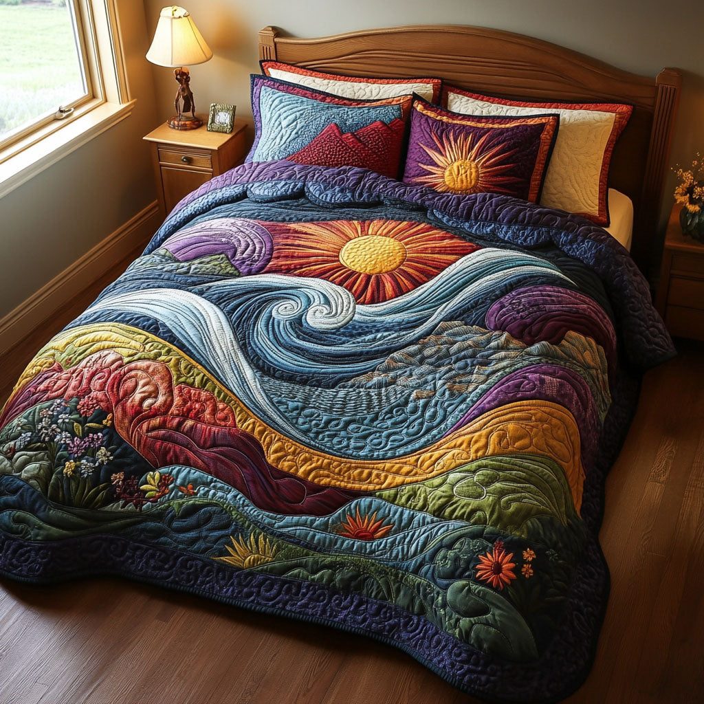 Sunset Shores quilted 3-piece bedding set on a made bed in a light coastal bedroom
