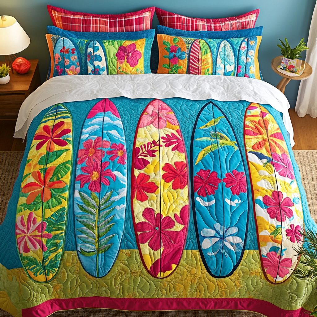 Sunset Shredder quilted 3-piece bedding set on a made bed with two matching pillow shams