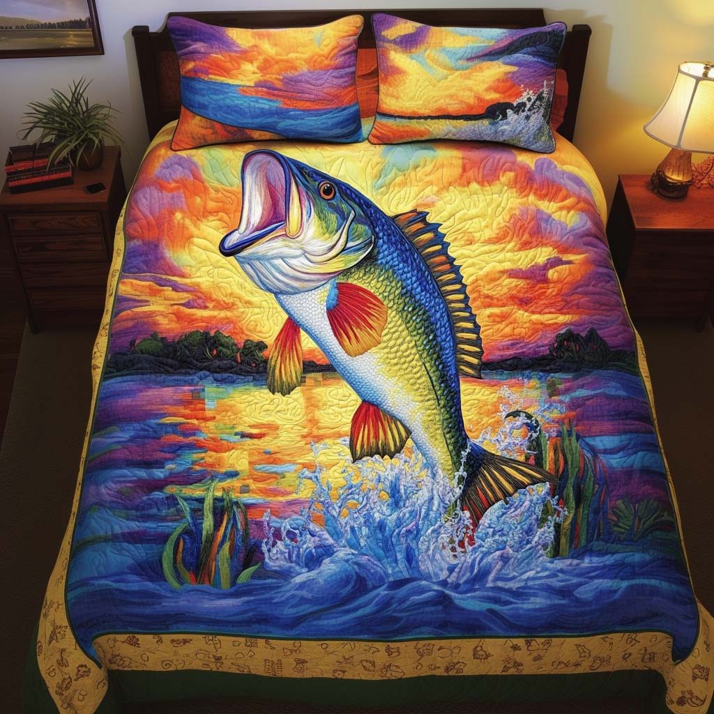 Sunset Splash quilted 3-piece bedding set on a made bed with two matching pillow shams