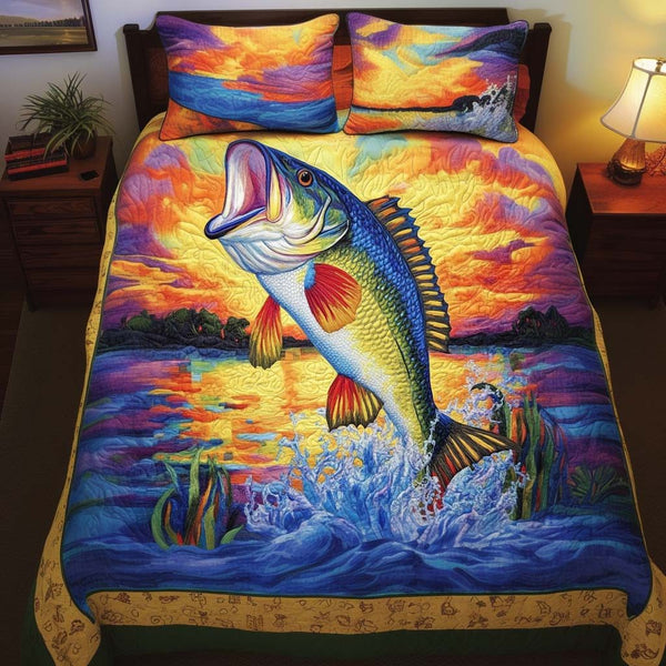 Sunset Splash quilted 3-piece bedding set on a made bed with two matching pillow shams