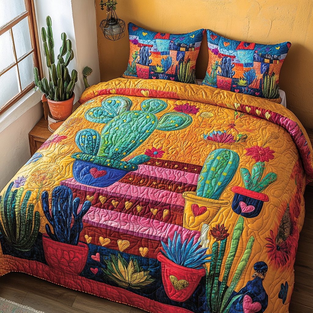 Sunset Steps quilted 3-piece bedding set on a made bed with two matching pillow shams