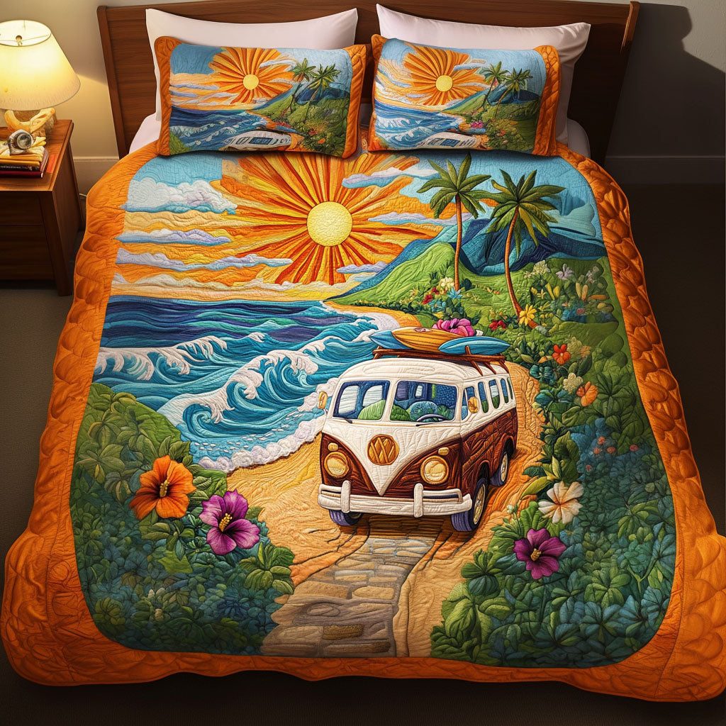 Sunset Surf Adventure quilted 3-piece bedding set on a made bed in a winter-styled bedroom