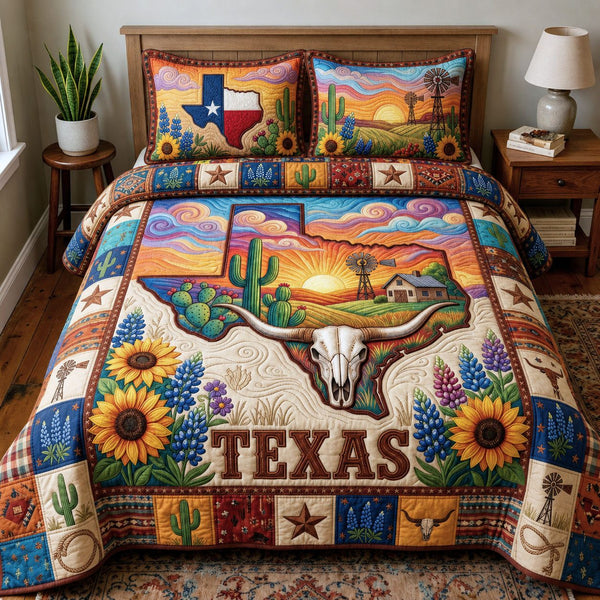 Sunset Texas quilted 3-piece bedding set on a made bed in a rustic timber bedroom
