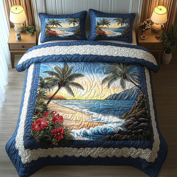 Sunset Tide quilted 3-piece bedding set on a made bed in a light coastal bedroom