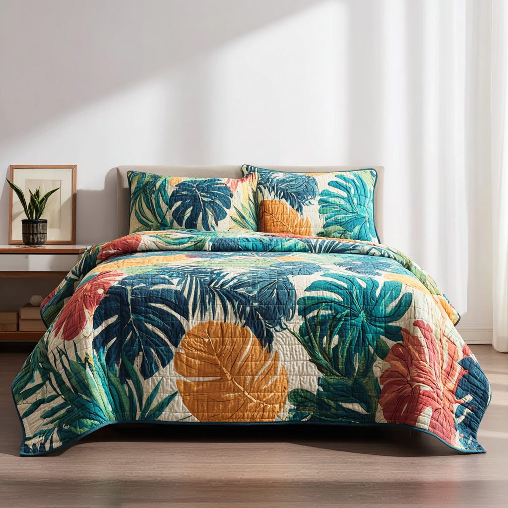 Sunset Tropics quilted 3-piece bedding set on a made bed with two matching pillow shams