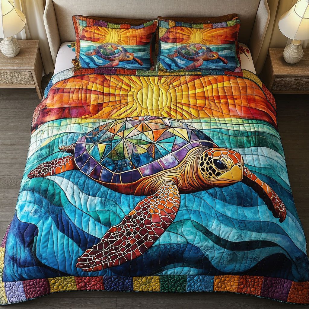 Sunset Turtle quilted 3-piece bedding set on a made bed in a light coastal bedroom