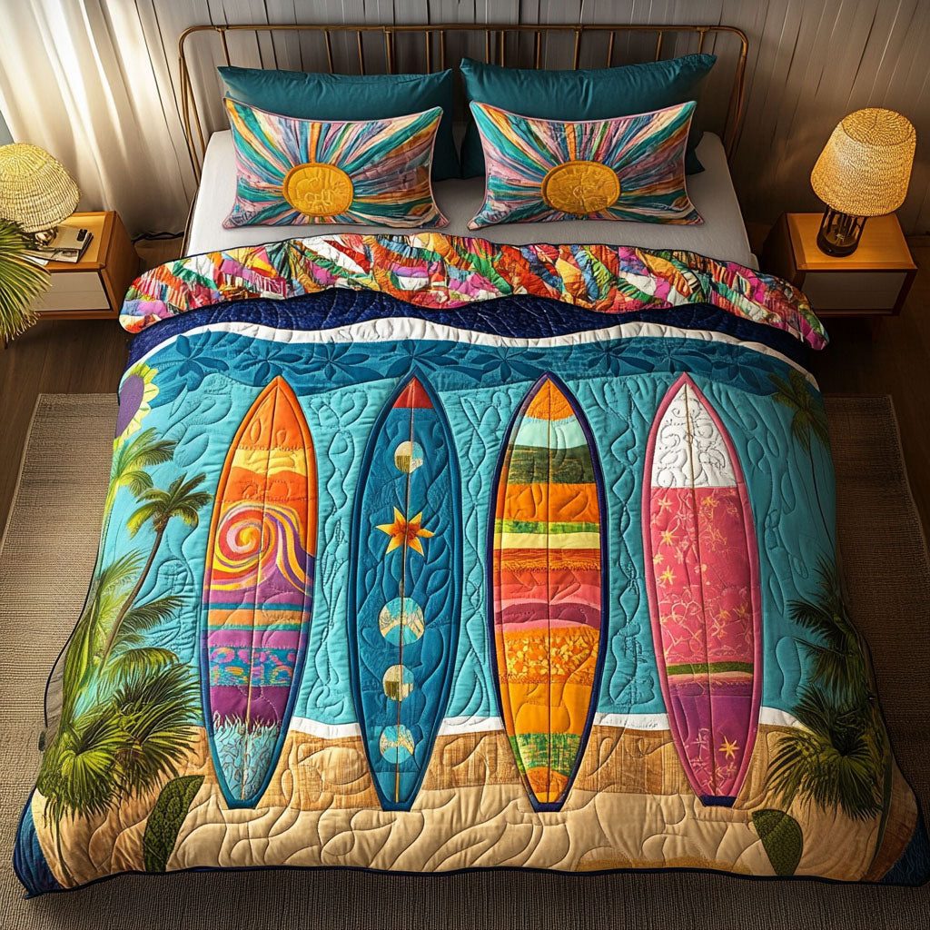 Sunset Vibes quilted 3-piece bedding set on a made bed with two matching pillow shams