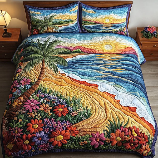 Sunset Vibes quilted 3-piece bedding set on a made bed with two matching pillow shams