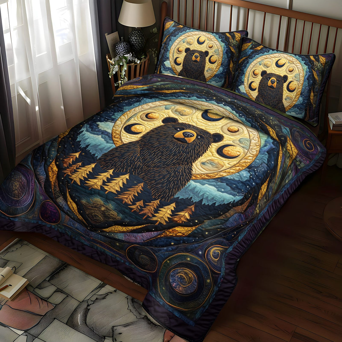 Sunset Wanderer quilted 3-piece bedding set on a made bed with two matching pillow shams