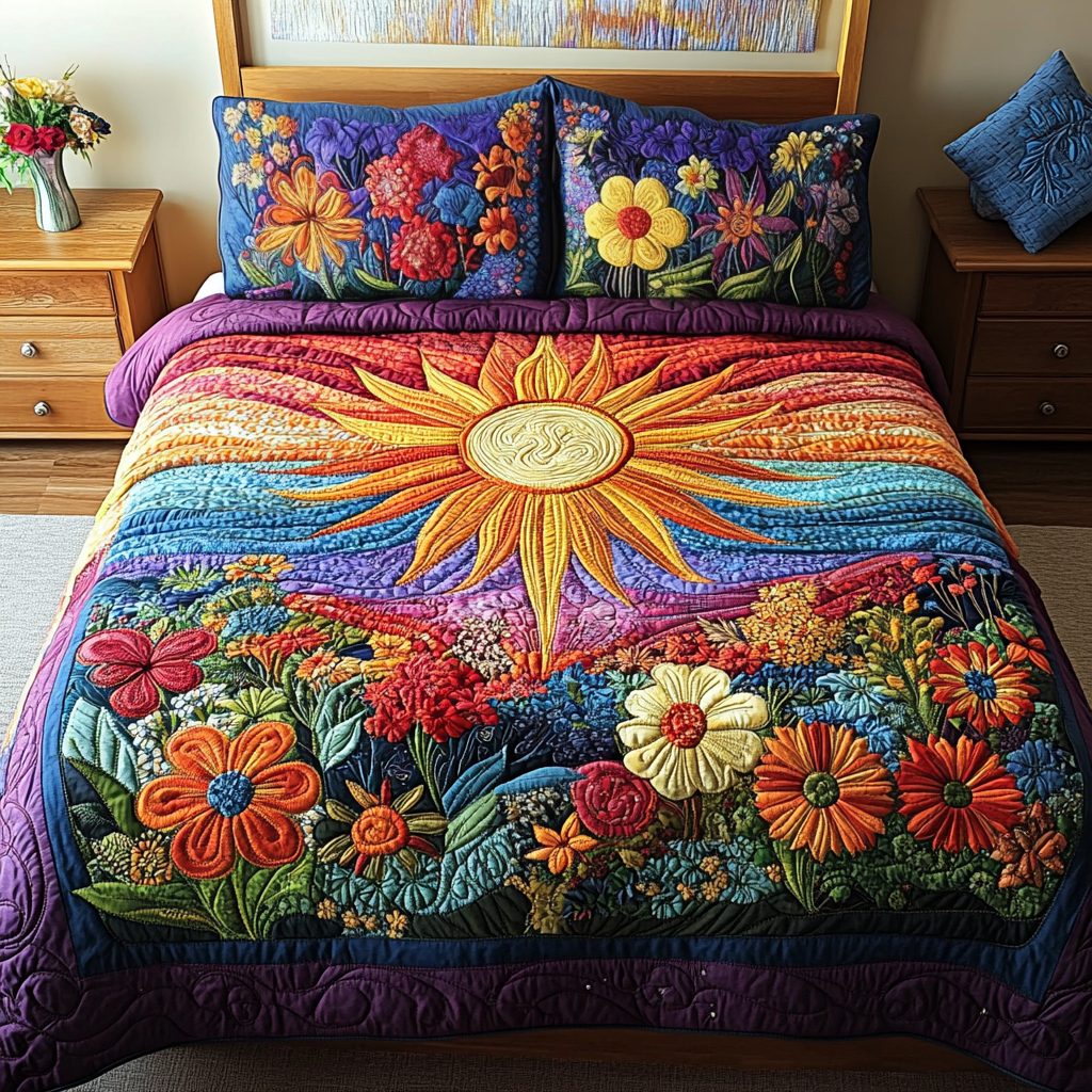 Sunshine Bliss quilted 3-piece bedding set on a made bed with two matching pillow shams