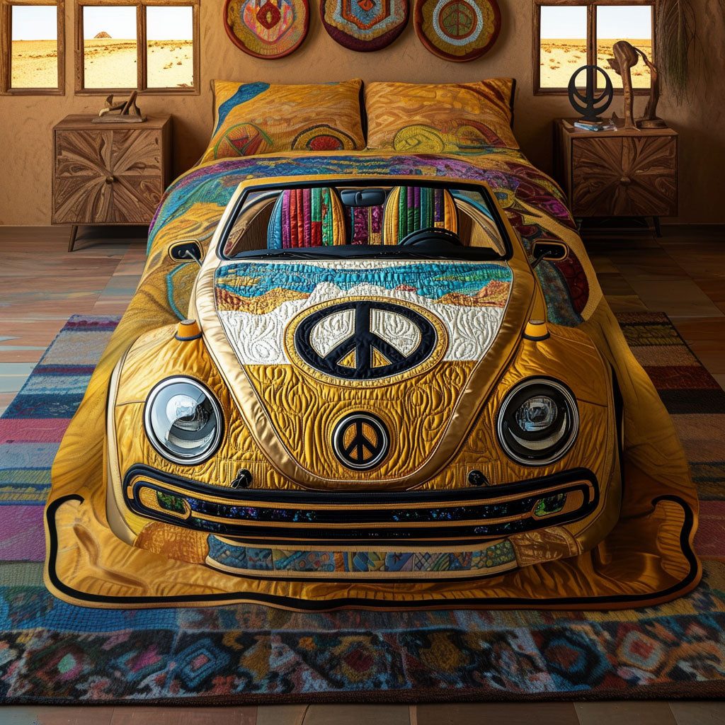 Sunshine Cruiser quilted 3-piece bedding set on a made bed with two matching pillow shams