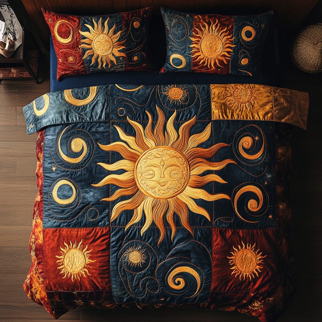 Sunshine Dreams quilted 3-piece bedding set on a made bed with two matching pillow shams