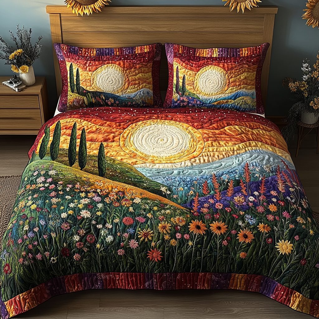 Sunshine Fields quilted 3-piece bedding set on a made bed with two matching pillow shams