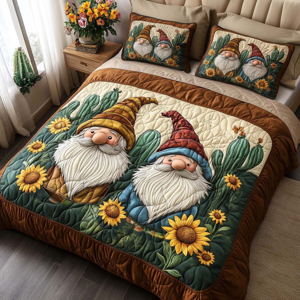 Sunshine Gnome Day quilted 3-piece bedding set on a made bed in a winter-styled bedroom