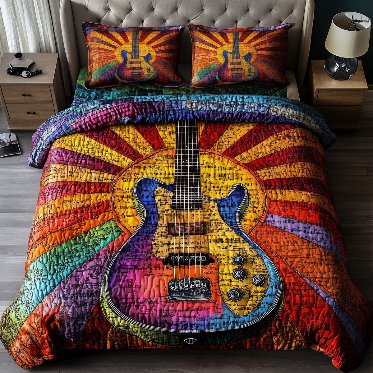 Sunshine Guitar quilted 3-piece bedding set on a made bed with two matching pillow shams