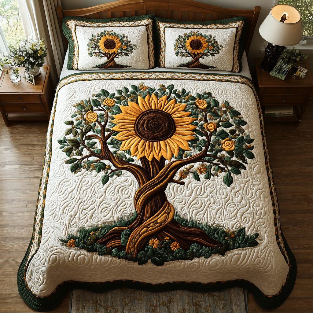 Sunshine Harvest quilted 3-piece bedding set on a made bed with two matching pillow shams