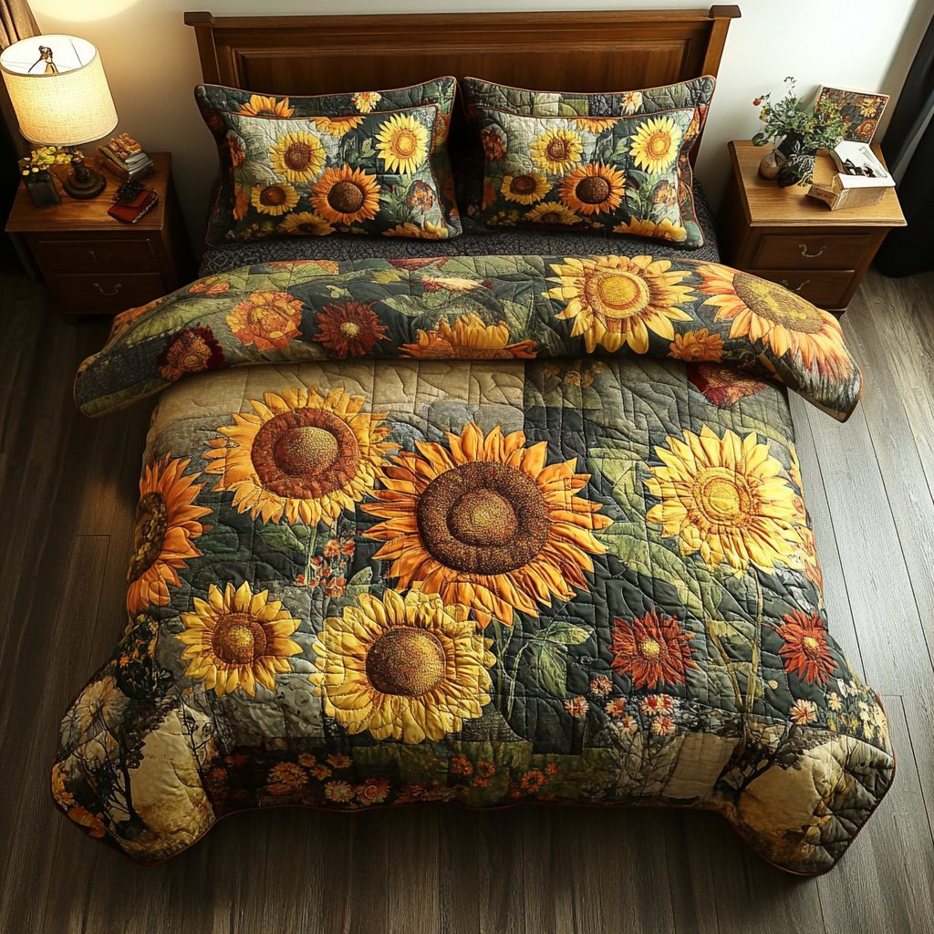 Sunshine Harvest quilted 3-piece bedding set on a made bed with two matching pillow shams