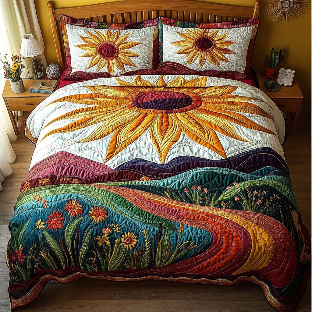 Sunshine Meadow Bliss quilted 3-piece bedding set on a made bed with two matching pillow shams
