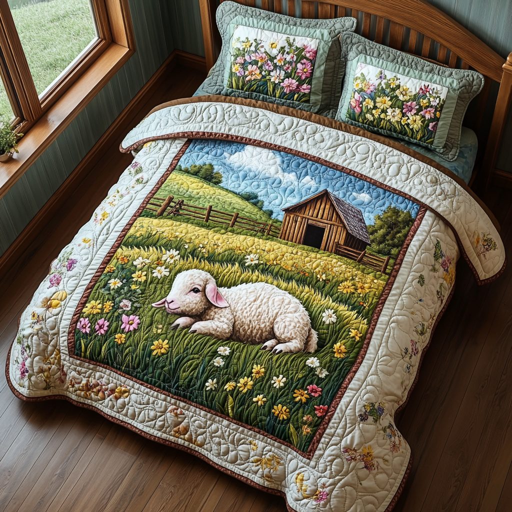 Sunshine Meadow quilted 3-piece bedding set on a made bed with two matching pillow shams