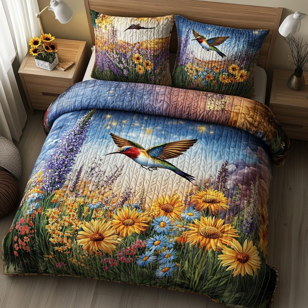 Sunshine Meadow quilted 3-piece bedding set on a made bed with two matching pillow shams