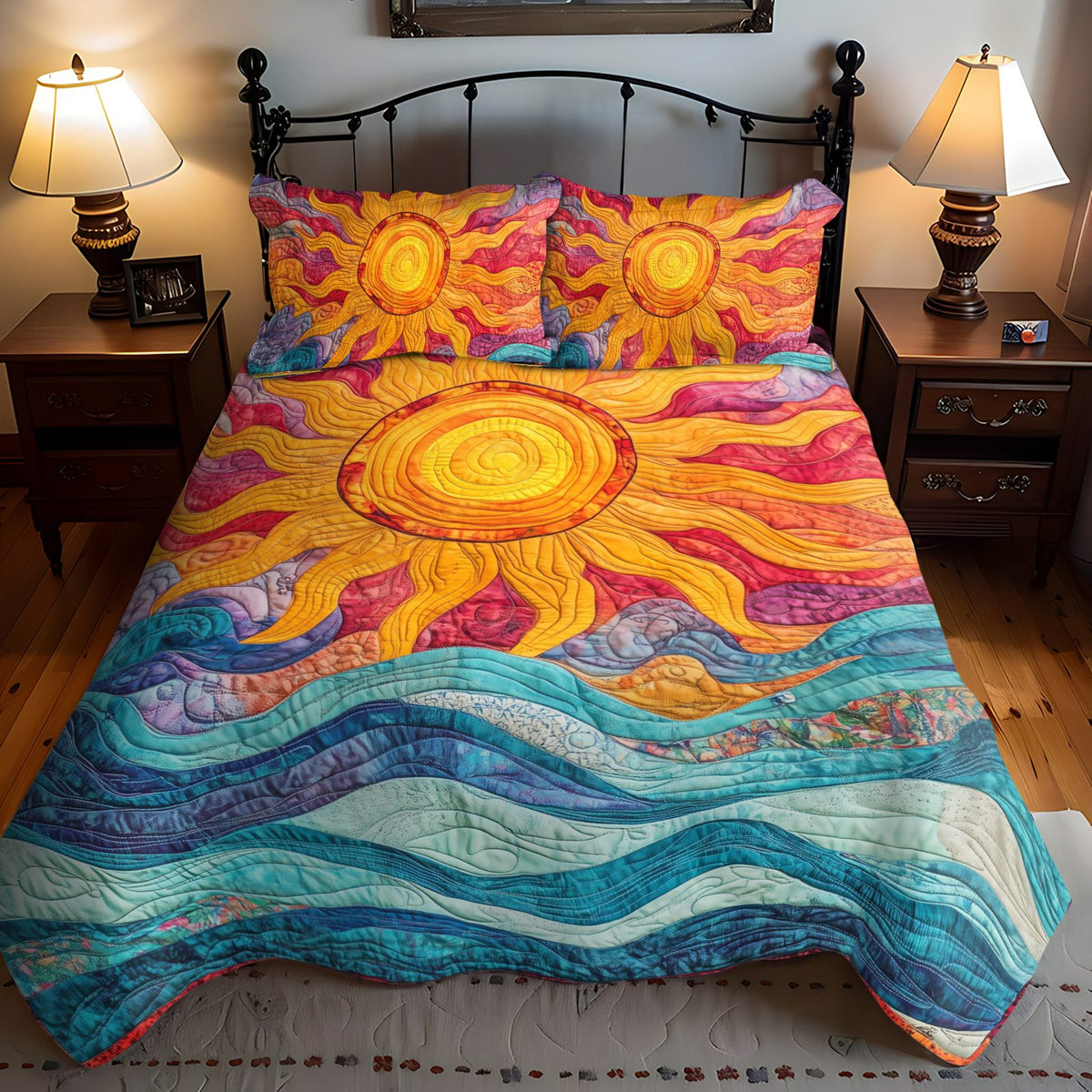Sunshine Parade quilted 3-piece bedding set on a made bed with two matching pillow shams