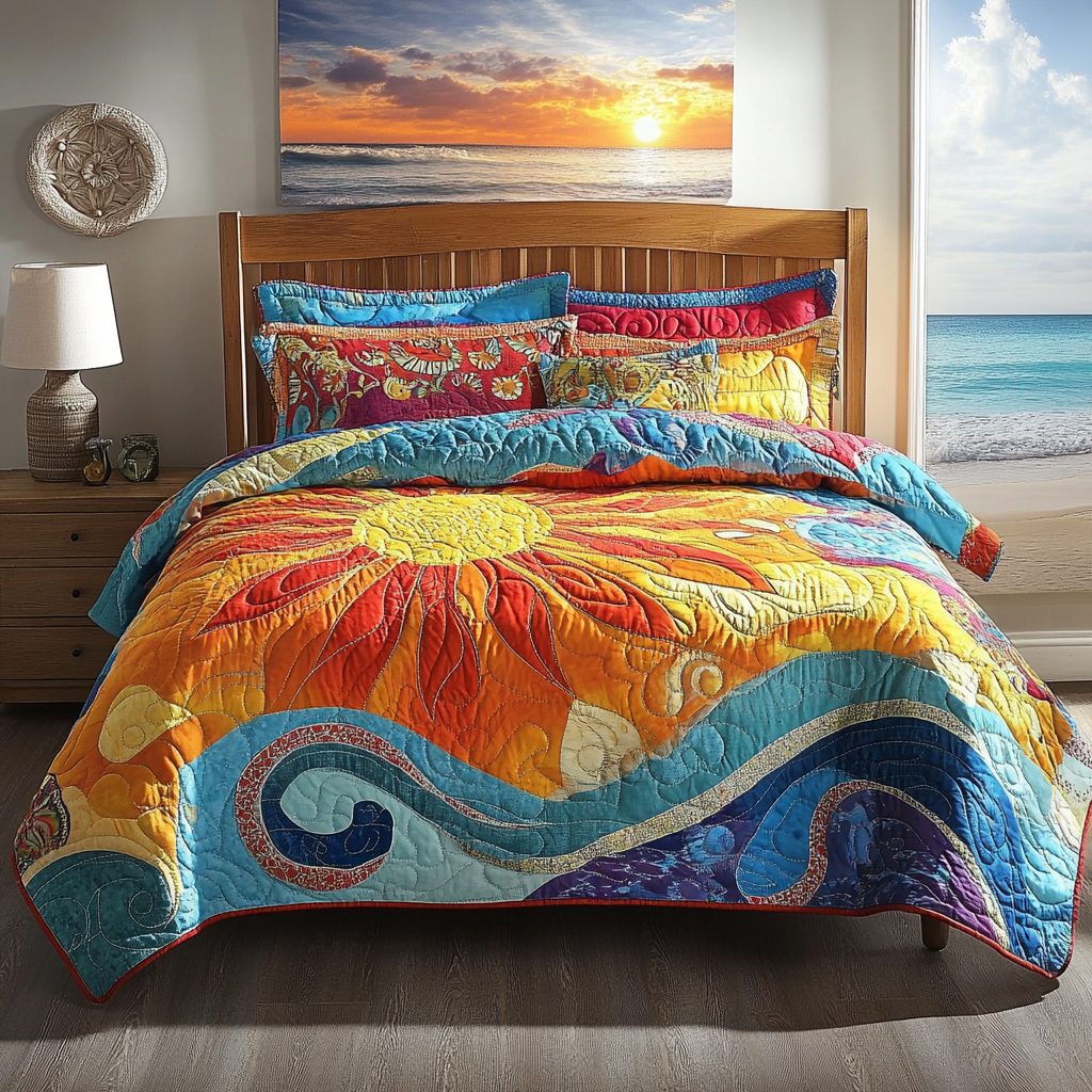 Sunshine quilted 3-piece bedding set on a made bed with two matching pillow shams
