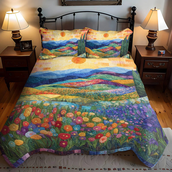 Sunshine quilted 3-piece bedding set on a made bed with two matching pillow shams