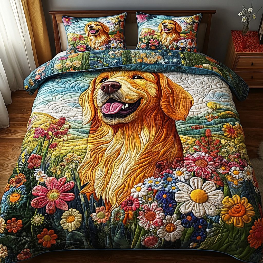 Sunshine Retriever quilted 3-piece bedding set on a made bed with two matching pillow shams