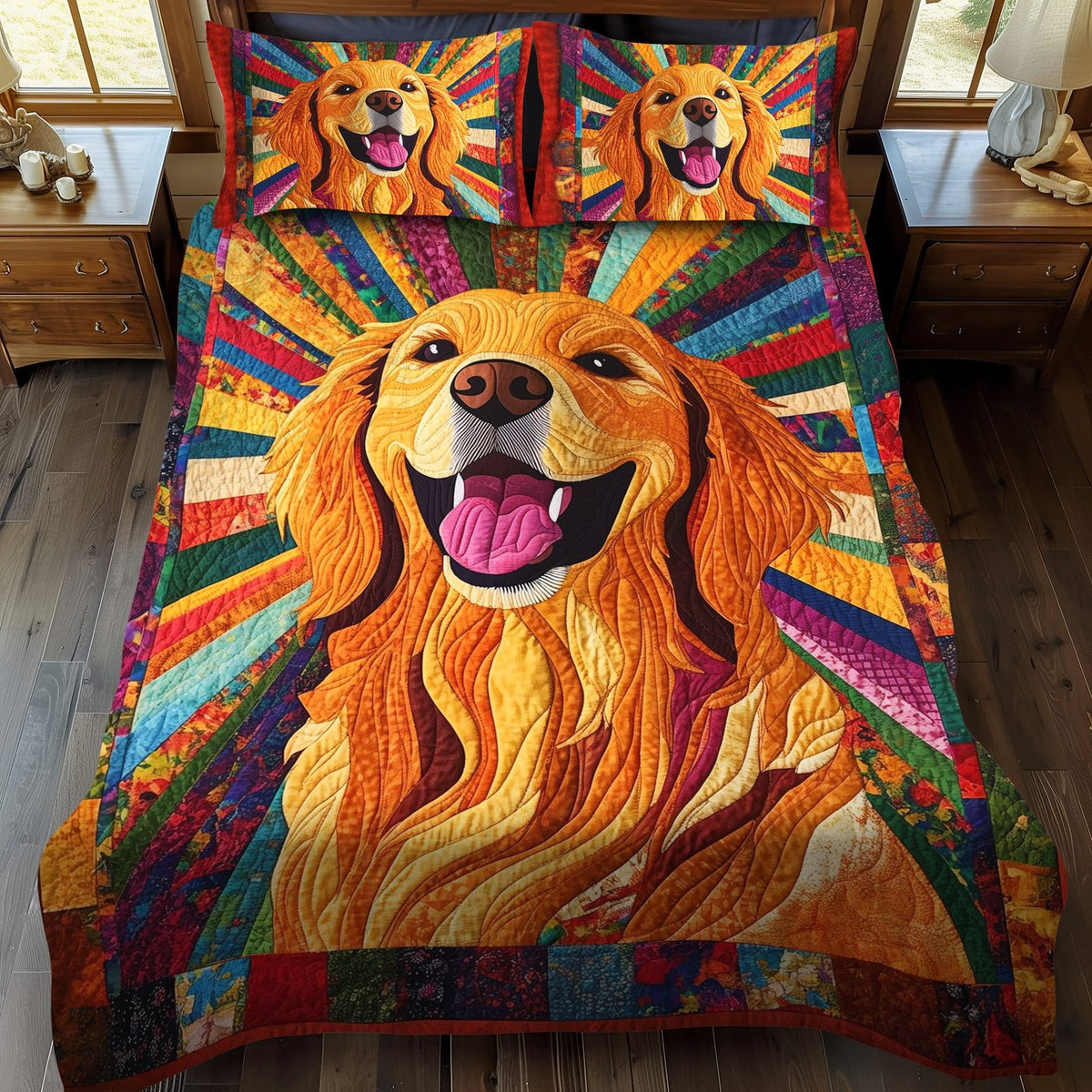 Sunshine Retriever quilted 3-piece bedding set on a made bed with two matching pillow shams