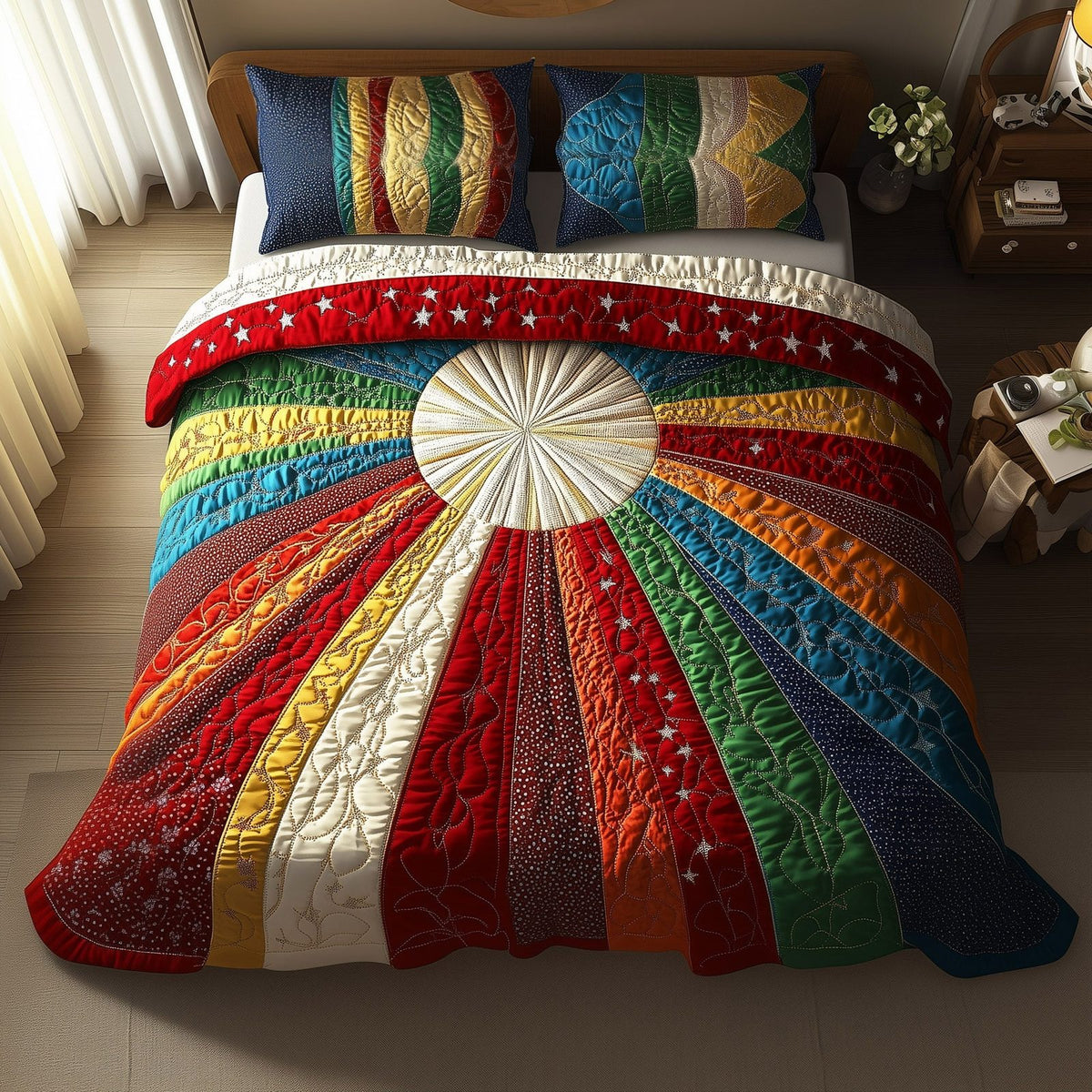 Sunshine Whisper quilted 3-piece bedding set on a made bed with two matching pillow shams