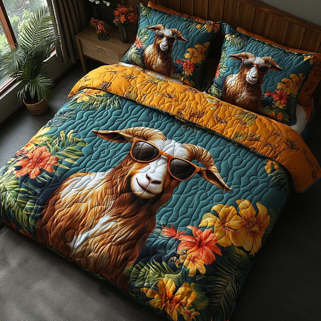 Super Goat quilted 3-piece bedding set on a made bed with two matching pillow shams