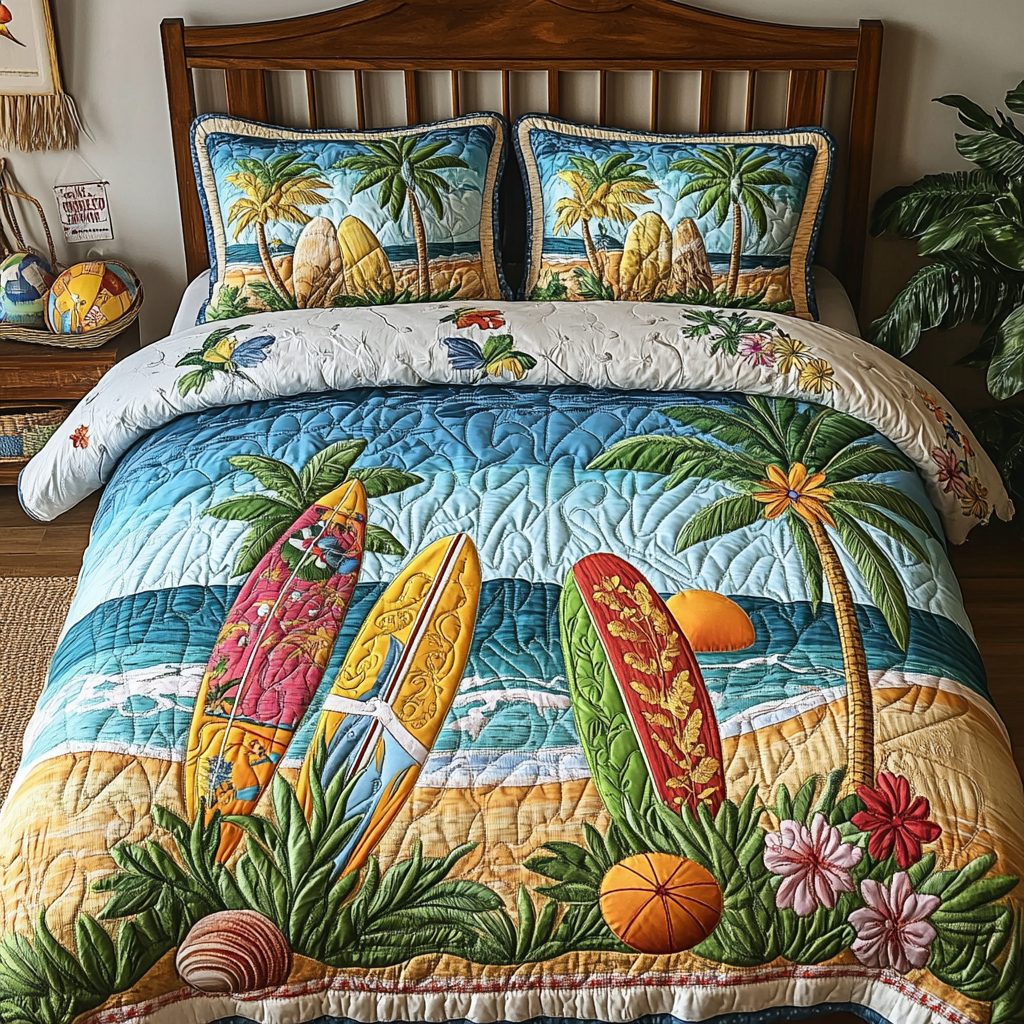 Surf Paradise quilted 3-piece bedding set on a made bed in a light coastal bedroom