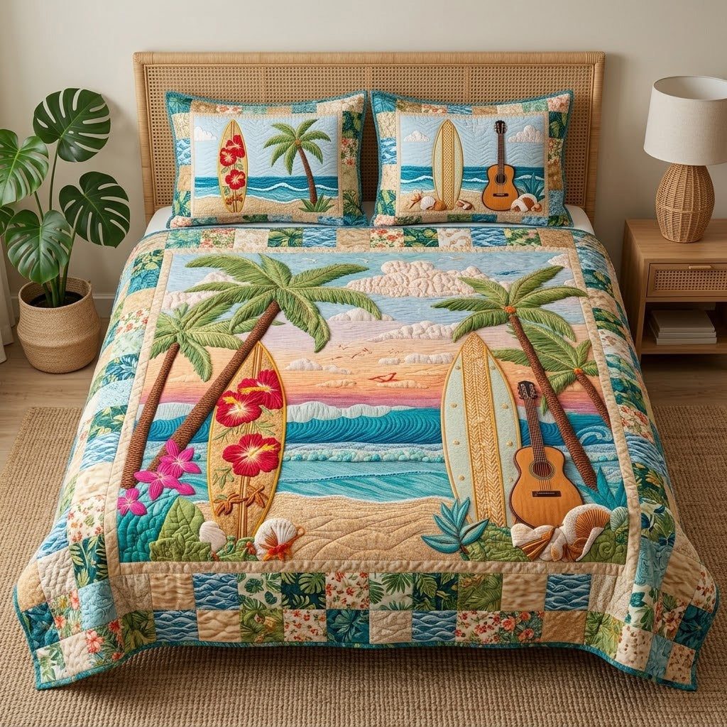 Surf Paradise quilted 3-piece bedding set on a made bed in a light coastal bedroom