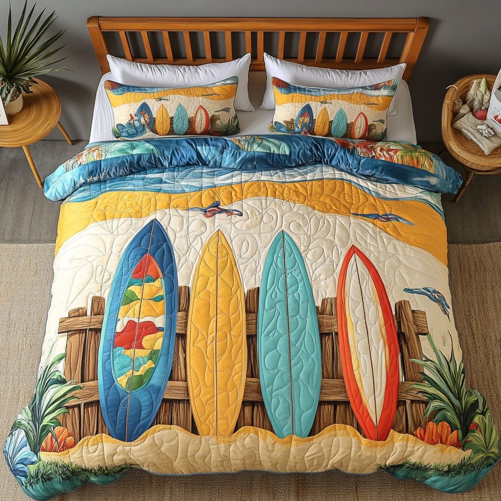 Surfboard Bliss quilted 3-piece bedding set on a made bed with two matching pillow shams