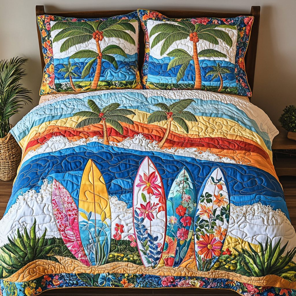Surfboard Dreams quilted 3-piece bedding set on a made bed with two matching pillow shams