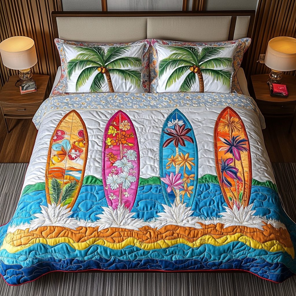 Surfboard Horizon quilted 3-piece bedding set on a made bed with two matching pillow shams