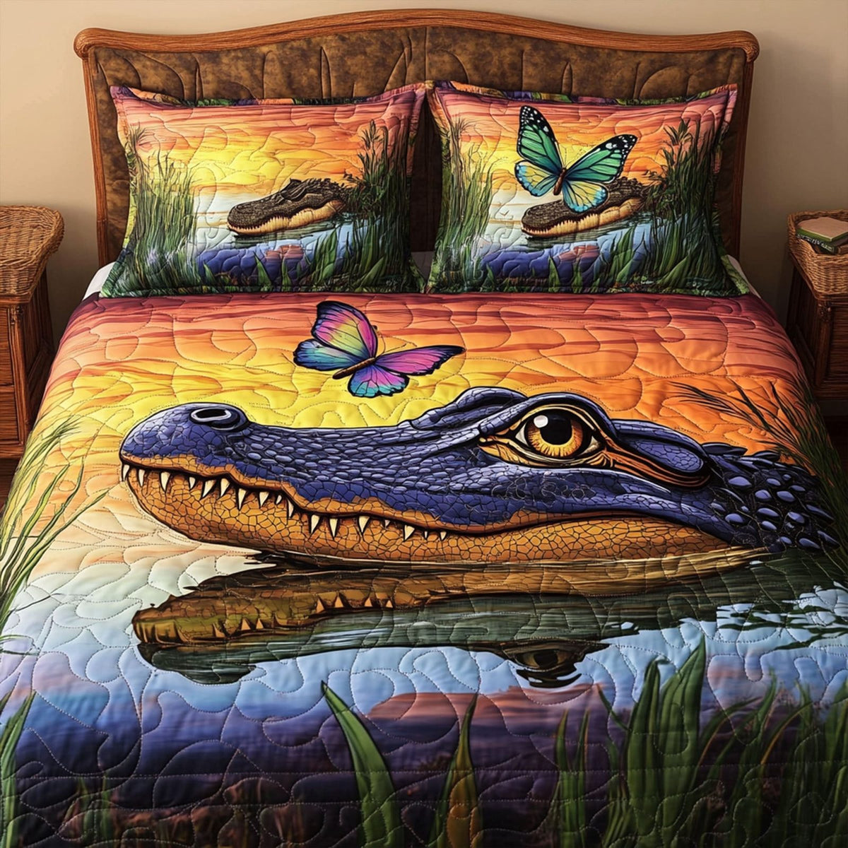 Swamp Shadows quilted 3-piece bedding set on a made bed with two matching pillow shams
