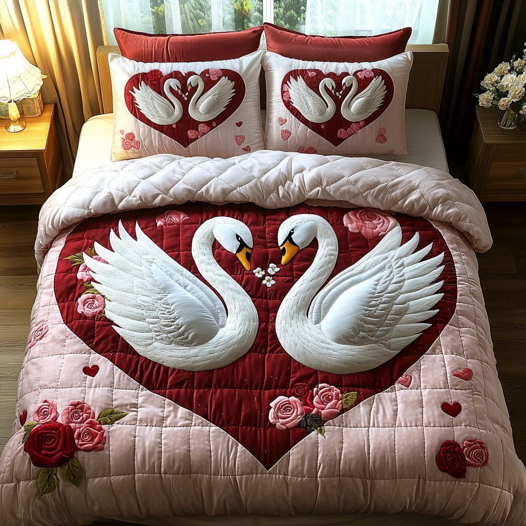 Swan Lake quilted 3-piece bedding set on a made bed with two matching pillow shams