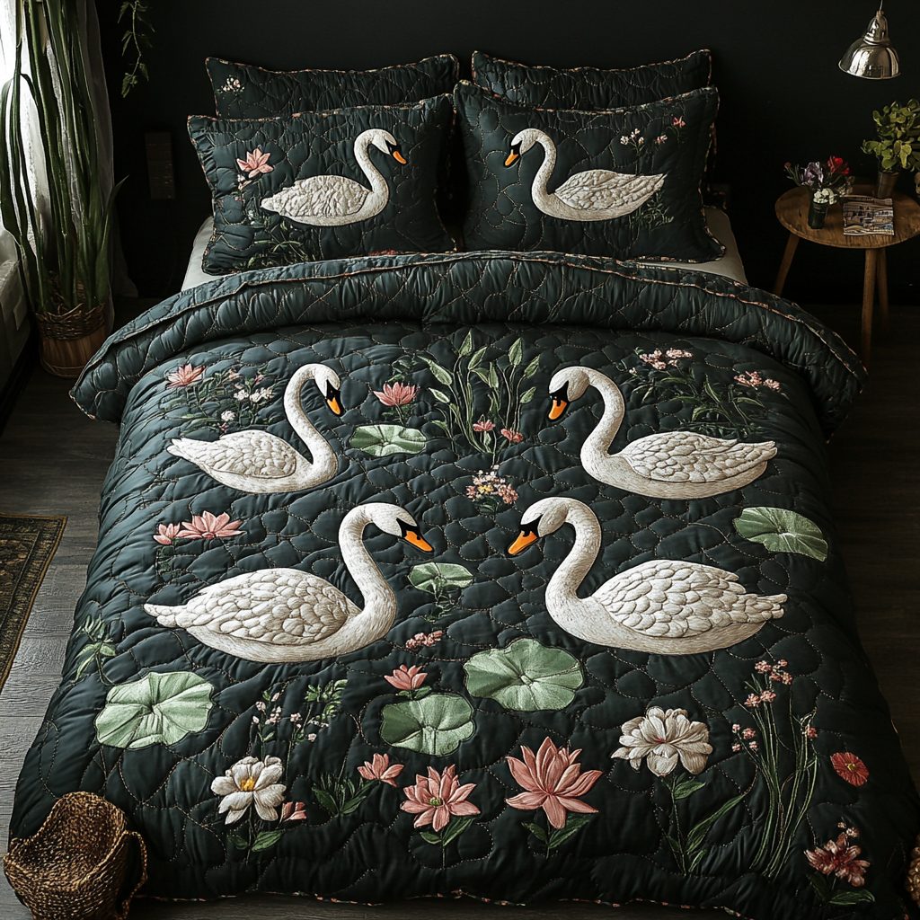 Swan Whisper quilted 3-piece bedding set on a made bed with two matching pillow shams