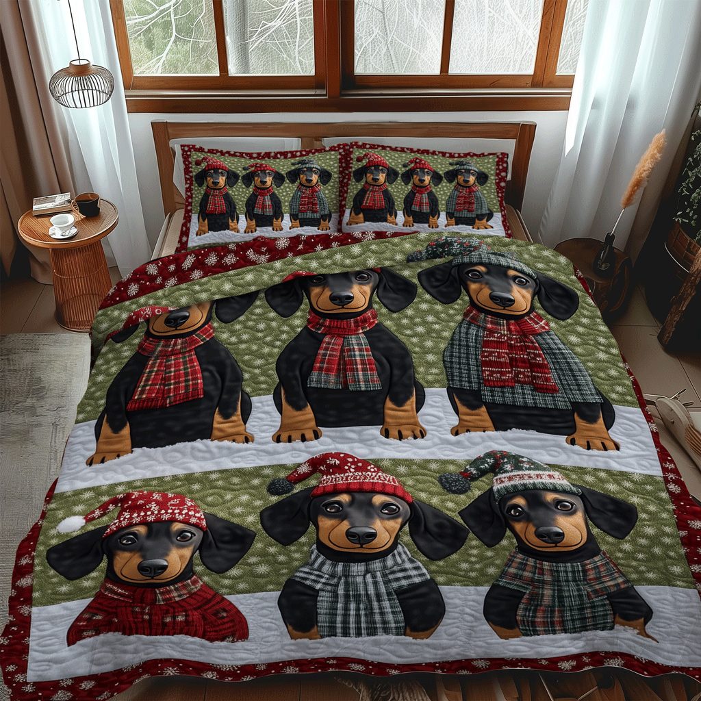 Sweater Doxie quilted 3-piece bedding set on a made bed with two matching pillow shams
