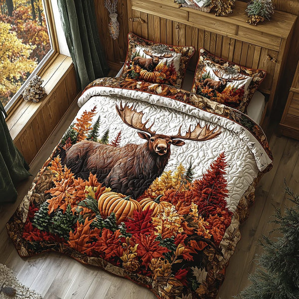 Sweater Moose quilted 3-piece bedding set on a made bed with two matching pillow shams