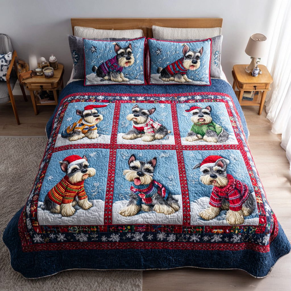 Sweater Schnauzer Pals quilted 3-piece bedding set on a made bed with two matching pillow shams